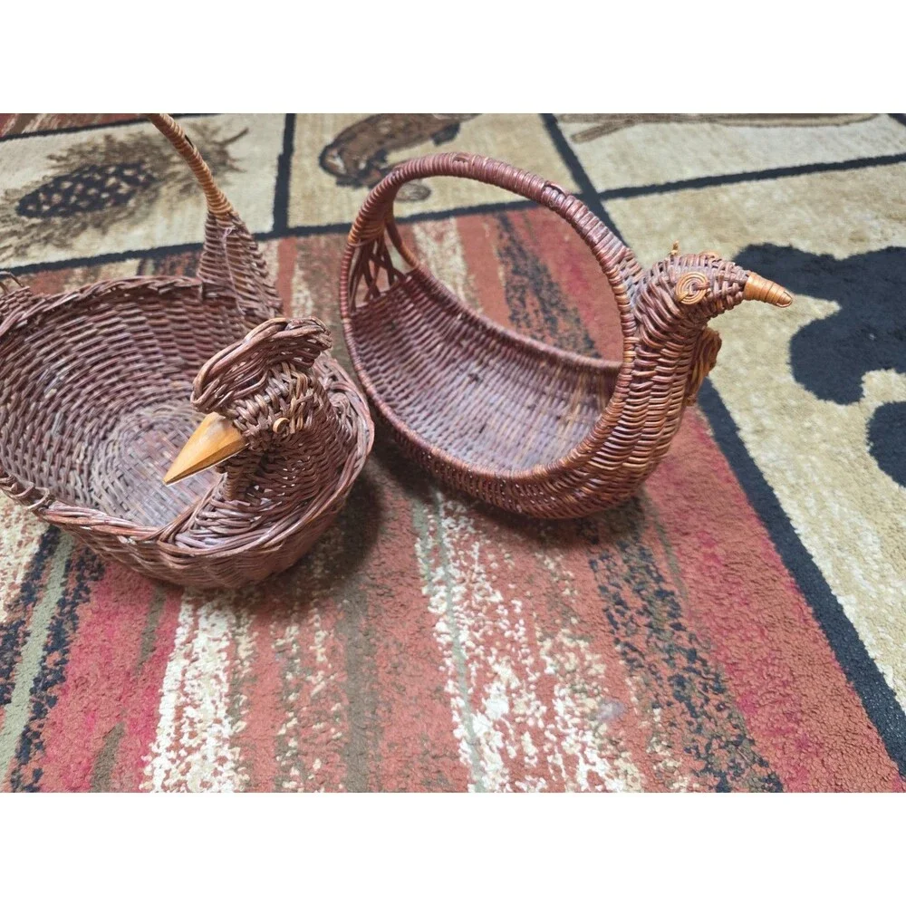 2 Rattan Wicker Baskets Chicken Rooster- Cottage Core Charm Farm House